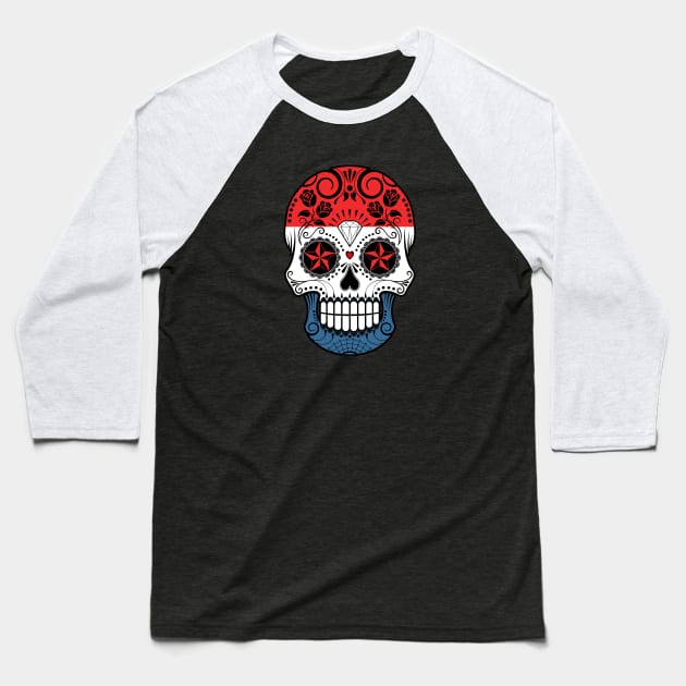 Dutch Flag Sugar Skull with Roses Baseball T-Shirt by jeffbartels